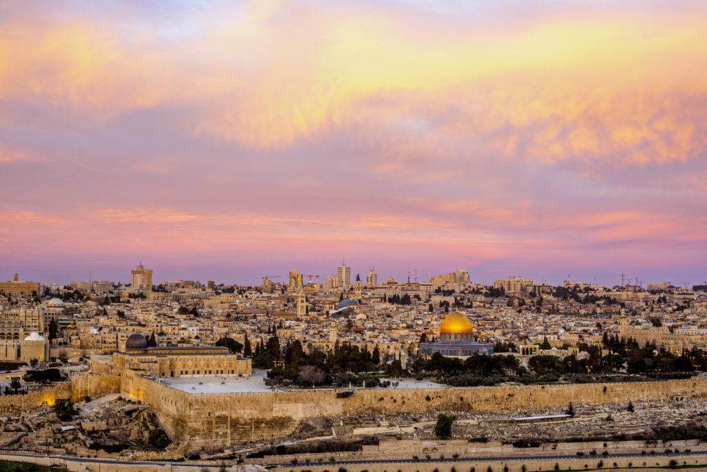jerusalem at sunset with a pink sky